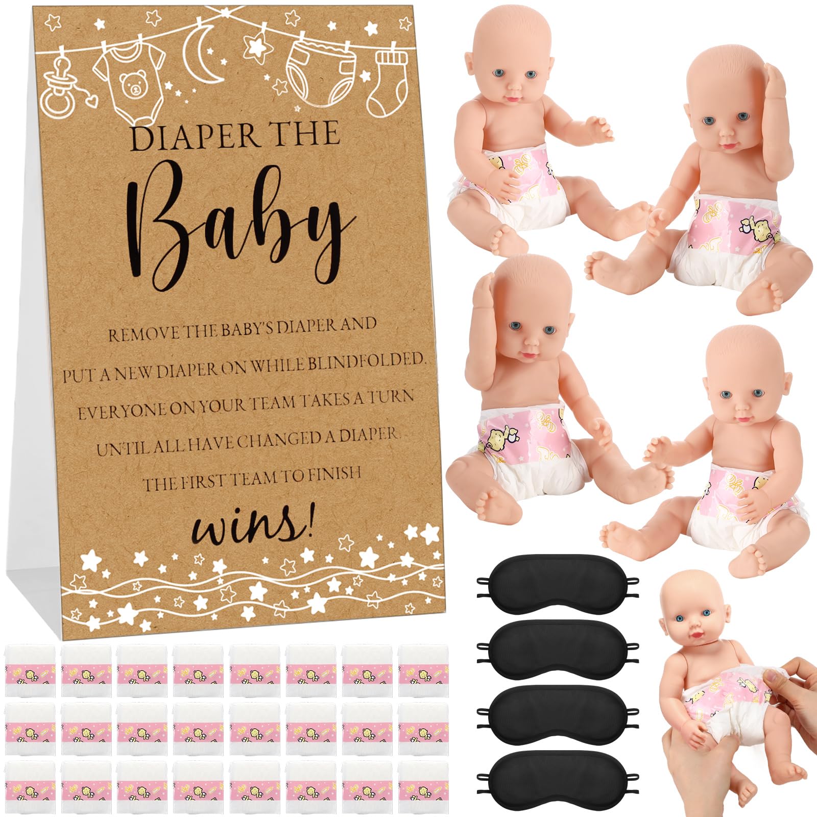 Photo 1 of RoundFunny 33 Pcs Baby Shower Diaper Changing Game Supplies Including Baby Dolls Blindfold Diapers Wooden Sign for Changing Race Gender Reveal Party Favors(Retro)