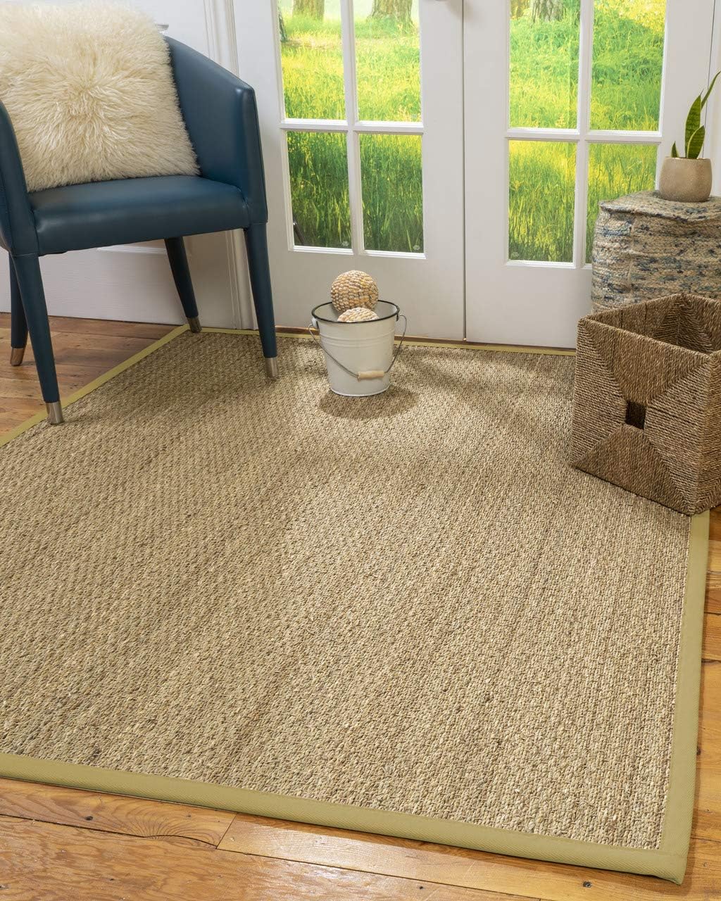 NaturalAreaRugs Mayfair Area Rug Natural Seagrass Hand-Crafted Khaki Wide Canvas Border, 4' x 6'