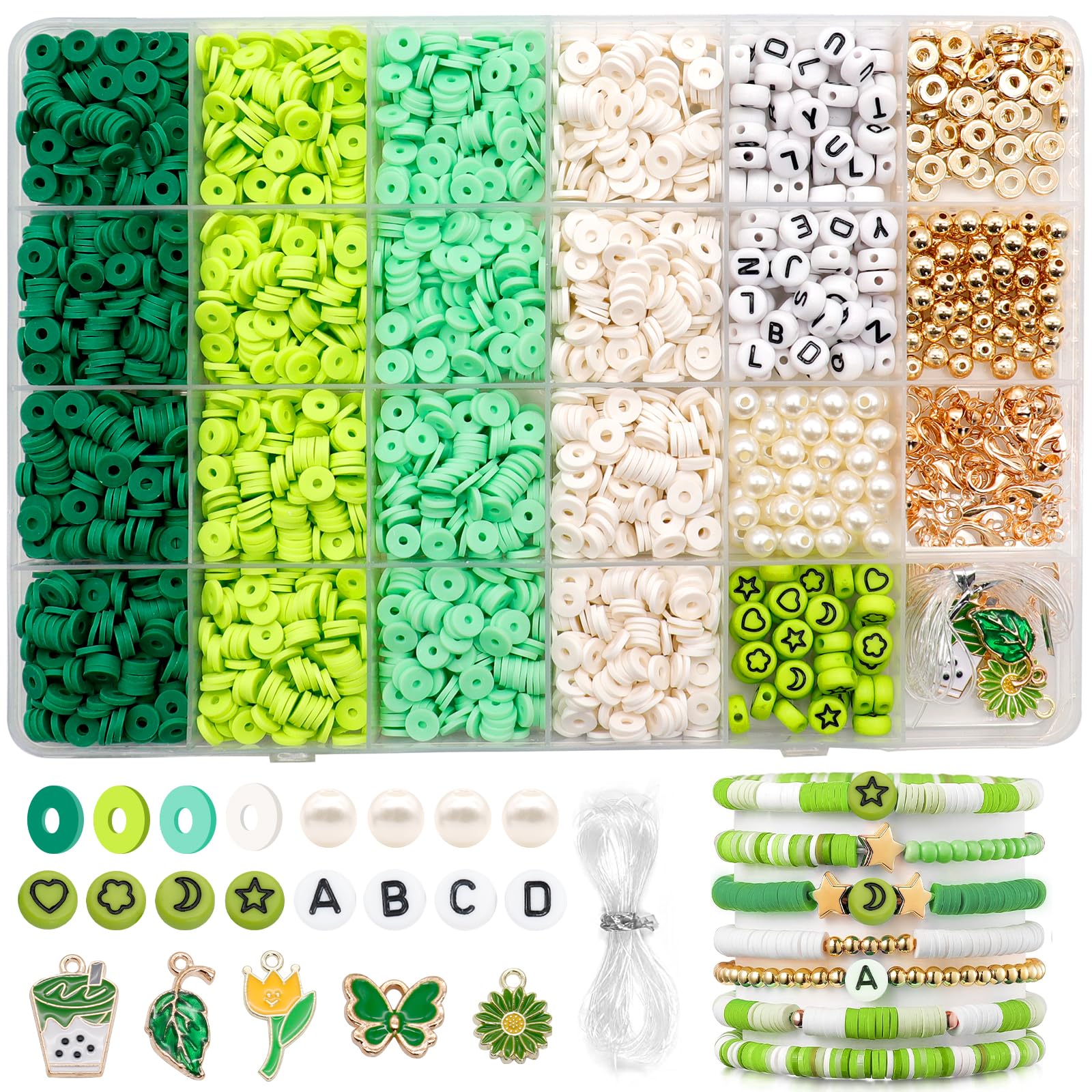 Dotilili 3164 Pcs Green Clay Beads Bracelet Making Kit, 6mm Flat Round Polymer Clay Bracelet Friendship Heishi Bead with Letter Beads Charms Jewelry Making Kit for Crafts Girls Gift