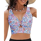 GRAPENT Bikini Tops for Women Cropped Tankini Tops Floral Printed Beach Padded Knot Twist Cut Out Bathing Suit Top Only