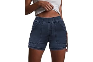 HVEPUO Womens Jean Shorts Elastic High Waisted Summer Stretchy Casual Tummy Control Cotton Pull On Denim Shorts with Pockets
