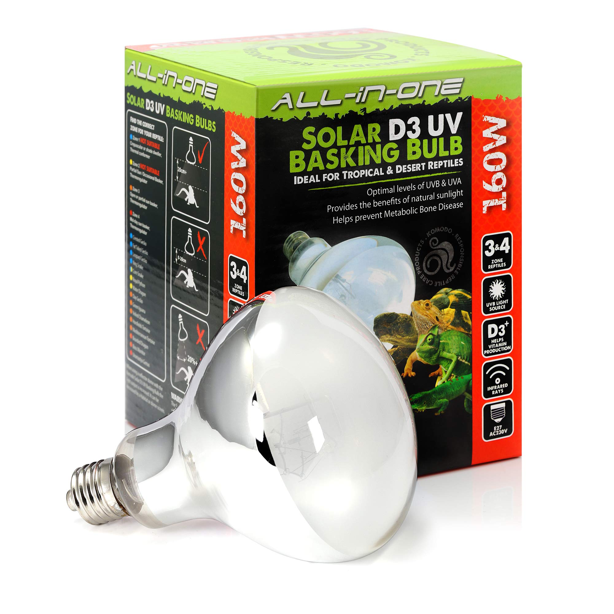 Komodo Solar D3 UV Basking Bulb Heat and Light Bulb for Desert & Tropical Reptile Habitats, Terrarium & Vivarium Lighting 160W