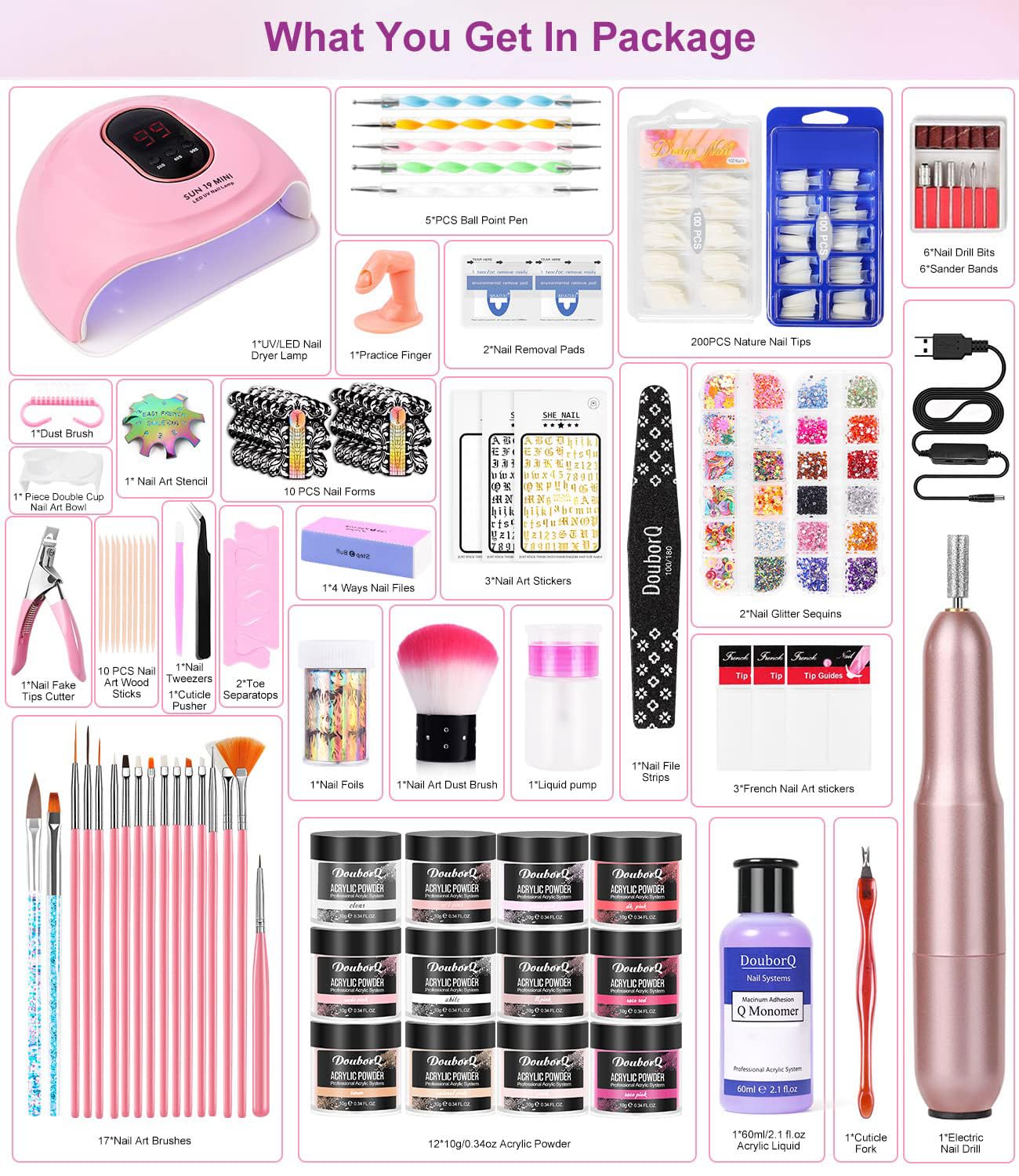 Acrylic Nail Art Kit-Nail Art Manicure Set Acrylic Powder Brush Glitter File French Tips U V Lamp Nail Art Decoration Tools Nail Drill kit for beginners with everything at home - Image 3