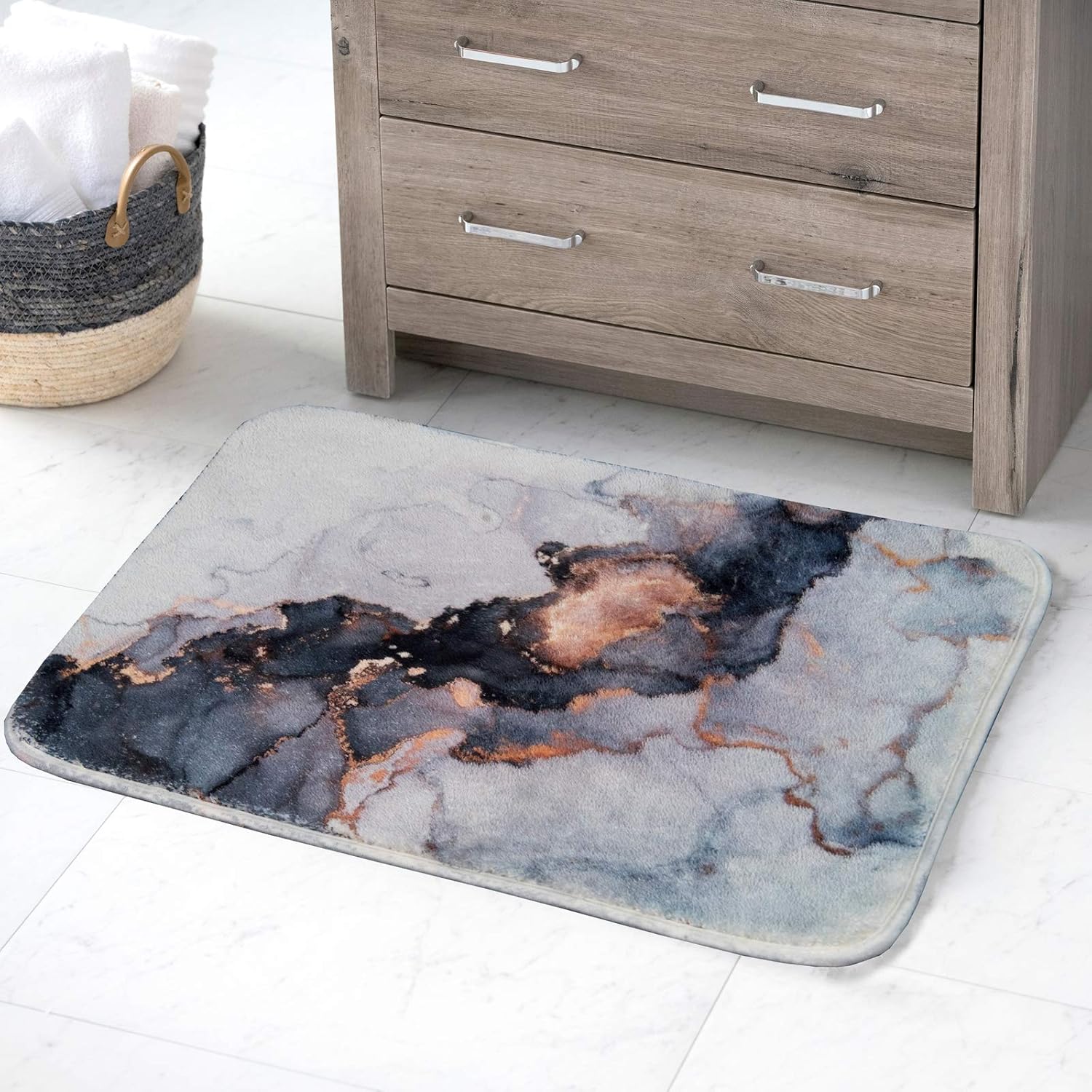 YoKii Black Gold Marble Bath Rugs 16x24 Faux Wool Shag Bath