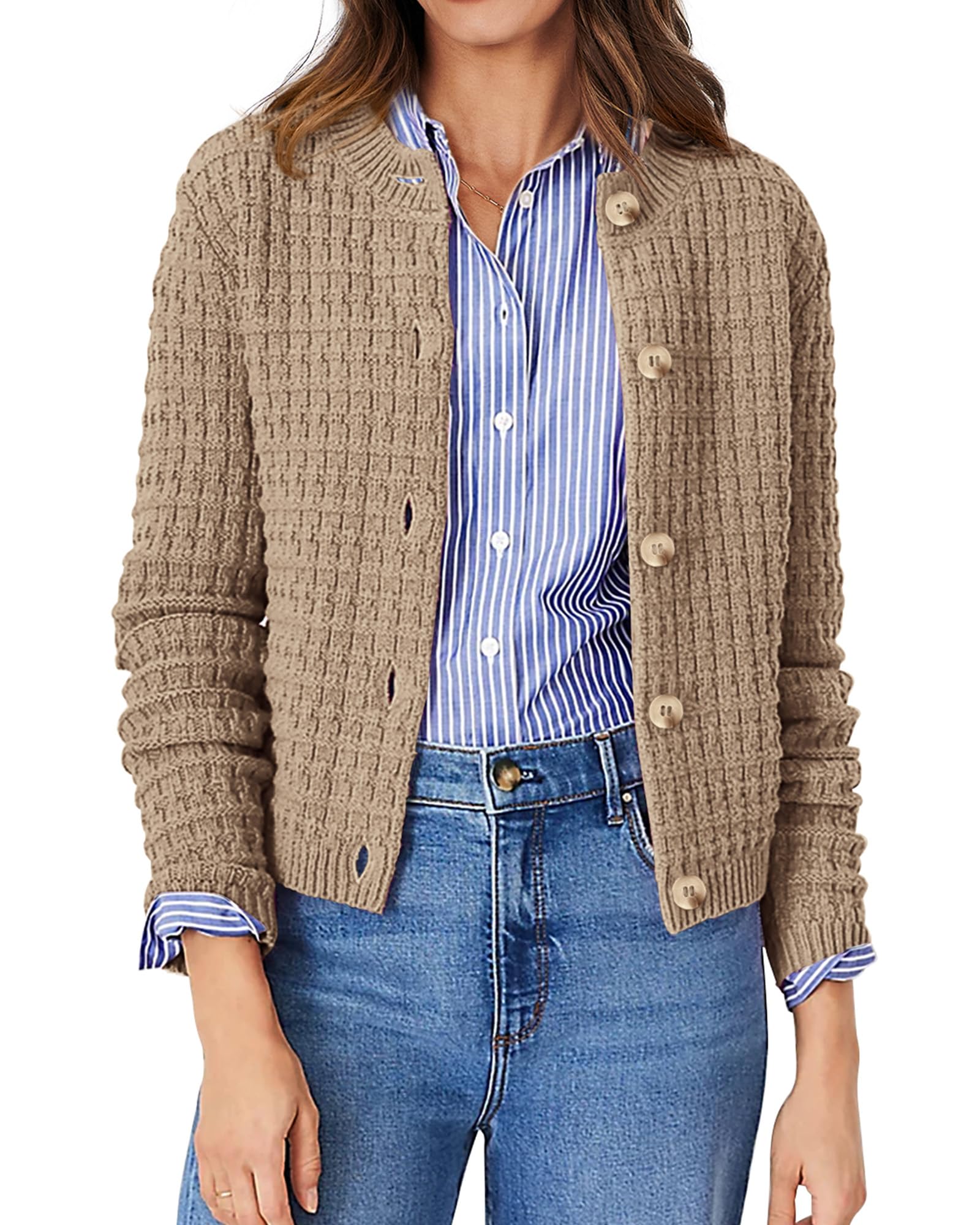 PRETTYGARDEN Women's Knit Cardigan Sweaters Casual Long Sleeve Open Front Button Down Trendy Jackets Outerwear (Camel,Medium) Image