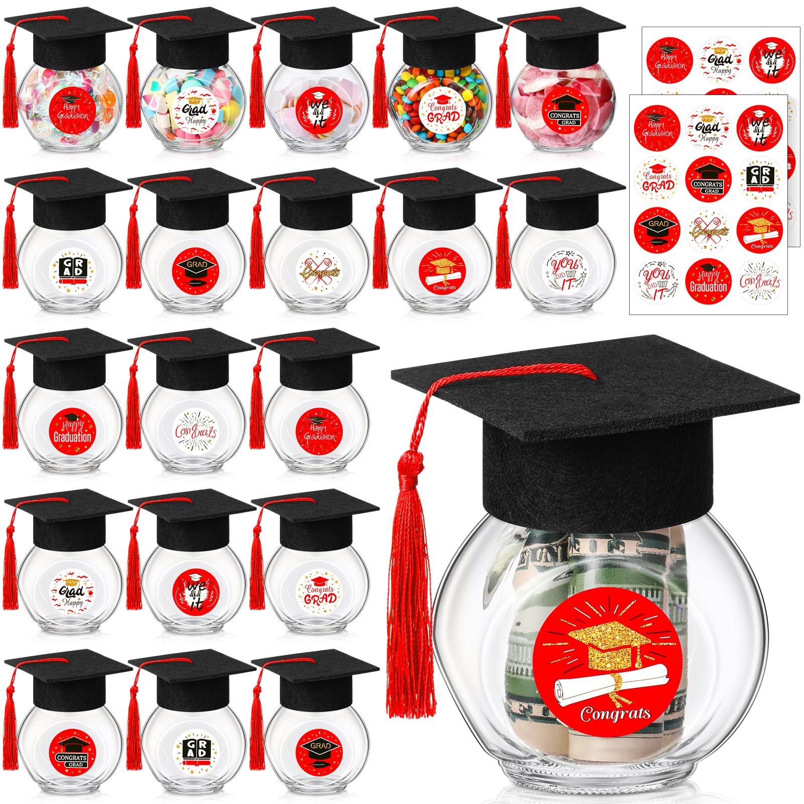 Photo 1 of Funnymoom 20 Sets Glass Graduation Cap Candy Jars Class of 2025 Graduation Party Decorations Candy Boxes Containers with Sticker for 2025 Grad Ceremony Party DIY Supplies(Red and Gold)