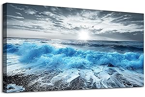 Lapremoly Large Canvas Wall Decor For Office Framed Wall Art For Living Room Blue Beach Painting Ocean Sea Waves Wall Pictures Bedroom Home Decorations Prints Posters Mural Artwork Ready to hang