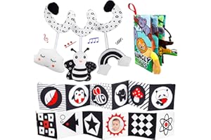 U-Zimikee 3 Pcs Car Seat Toys Black and White High Contrast Baby Toys 0-3 6-12 Months Newborn Montessori Toys for Babies Crinkle Sensory Soft Cloth Books Infant Tummy Time Toys Baby Gifts