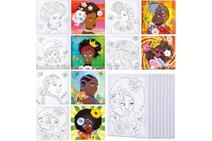 Meanplan 12 Pcs Pre Drawn Canvas for Painting for Adults 4 x 4 Inch Pre Printed Stretched Canvas with Pictures to Paint DIY Outline Boards for Party Favor Beginner Art Gifts(African Queen Style)