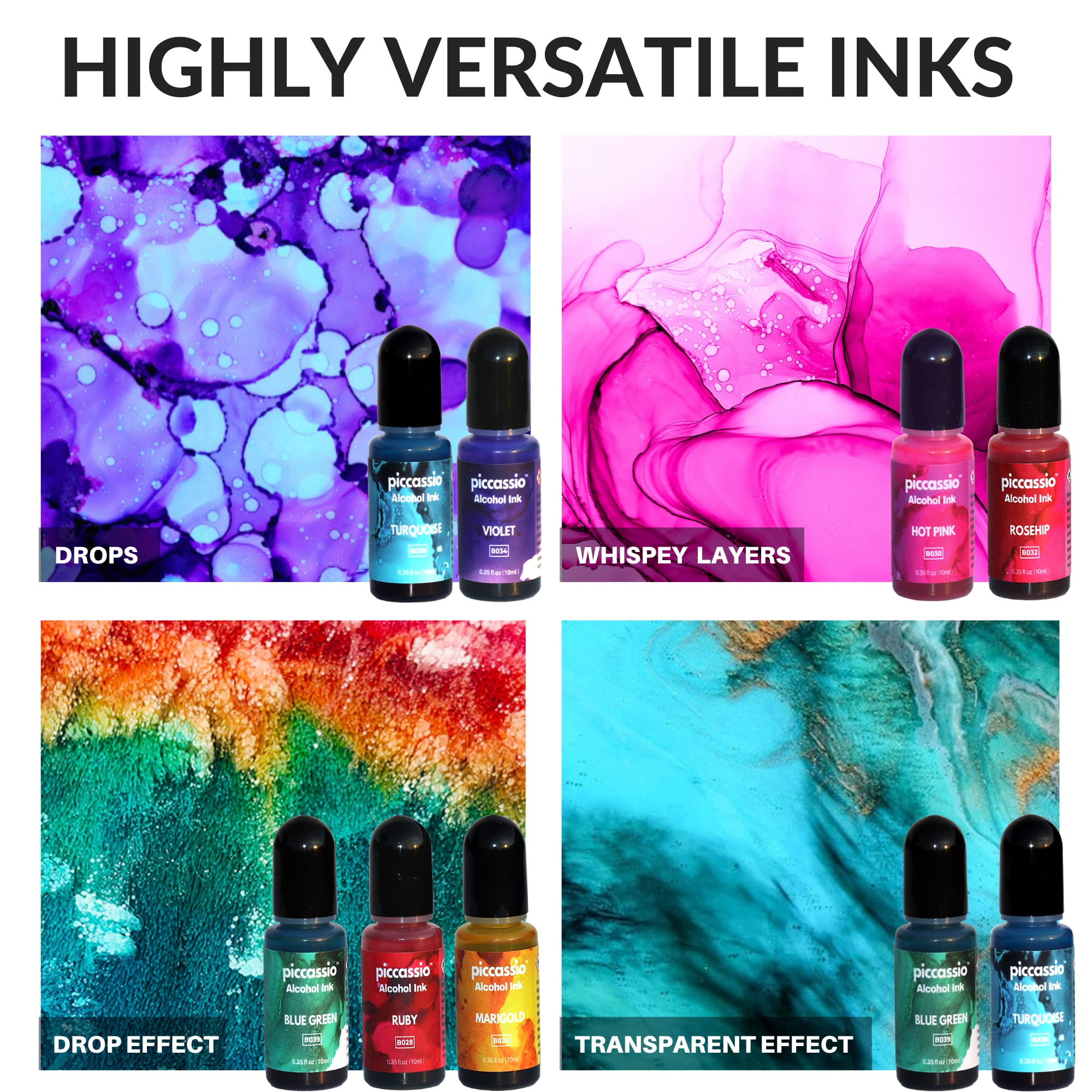 Alcohol Ink Set - New Improved Formula - 24 Highly Saturated, Fast-Drying, Permanent Inks for Epoxy Resin, Tumblers, Fluid Art Painting, Glass, Metal, and More