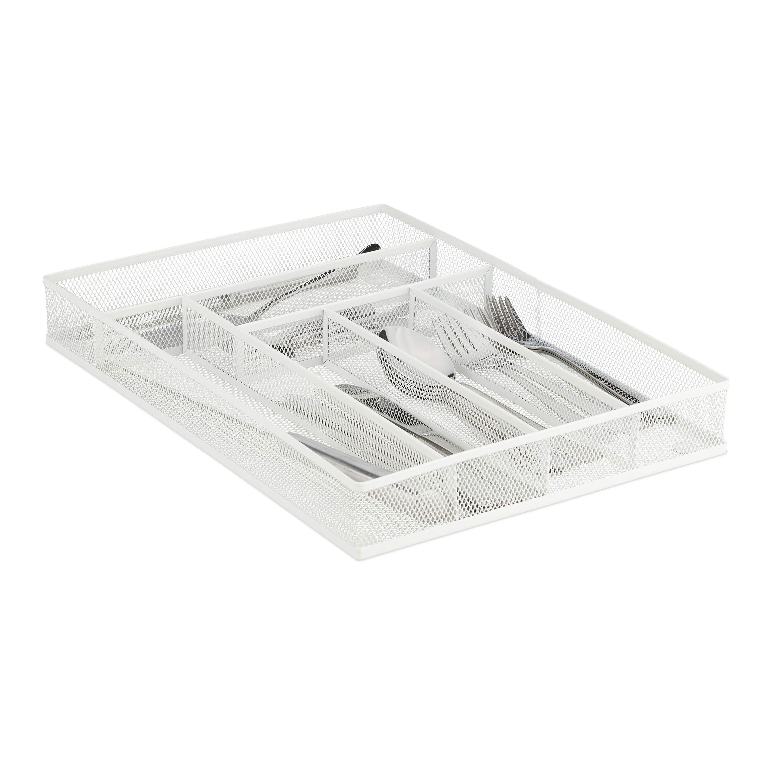 Relaxdays Metal Cutlery Tray, 6 Compartments, Mesh Design, 5.5 x 29 x 41 cm, Kitchen Drawer Insert, Organiser, White