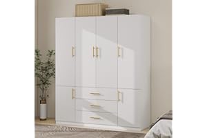 ModMakers 74.2"H Wooden 4 Door 3 Drawer White Wood Wardrobe Armoire Freestanding Closet Cabinet with Hanging Rod, Wooden Clothes Organizer