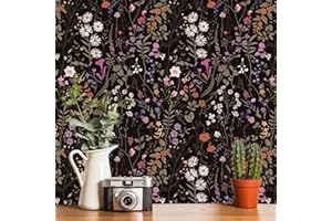 JIFFDIFF Wallpaper Self-Adhesive Blooming Vintage Colourful Flowers Wall Paper for Bedroom Living Room Cabinet, Peel and Stick Beige Sketch Little Flowers Wallpaper Mural 25.8sq. feet (236.2"x17.3", Black)