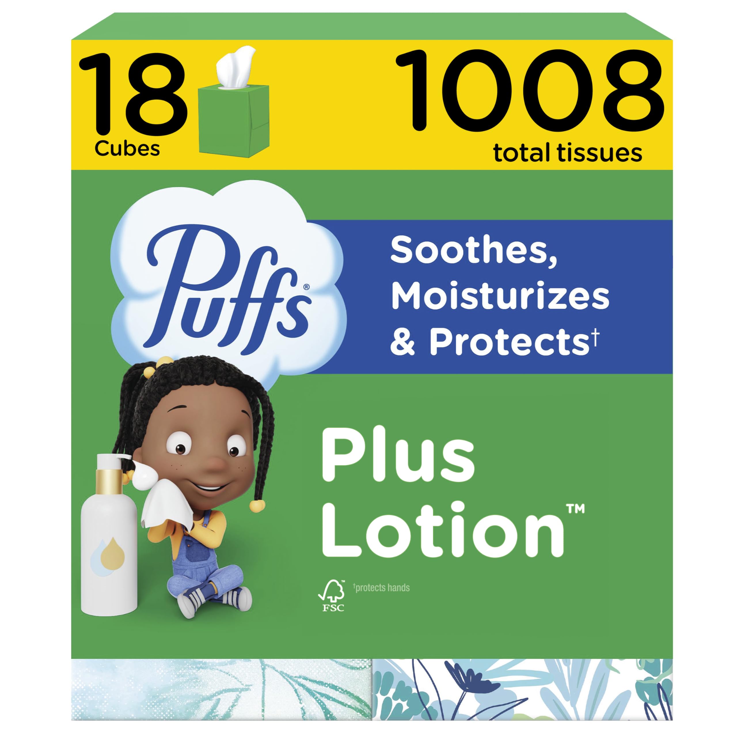 Puffs Facial Tissues Plus Lotion, 18 Cube Boxes, 56 Facial Tissues per Box, Allergies and Colds (Packaging May Vary)