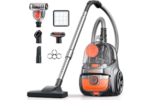 Aspiron Canister Vacuum Cleaner, 40Kpa Bagless Vacuum Cleaners, 4QT Large Dust Cup, Double HEPA Filter, Retractable Cord, 1600W Lightweight Vacuum Cleaner with 5 Tools for Hard Floors, Orange
