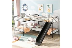 Bellemave Quad Bunk Beds with Slide L-Shape Bunk Bed for 4 Twin Over Twin Metal Bunked Frame for Kids Boys Girls Teens, Black