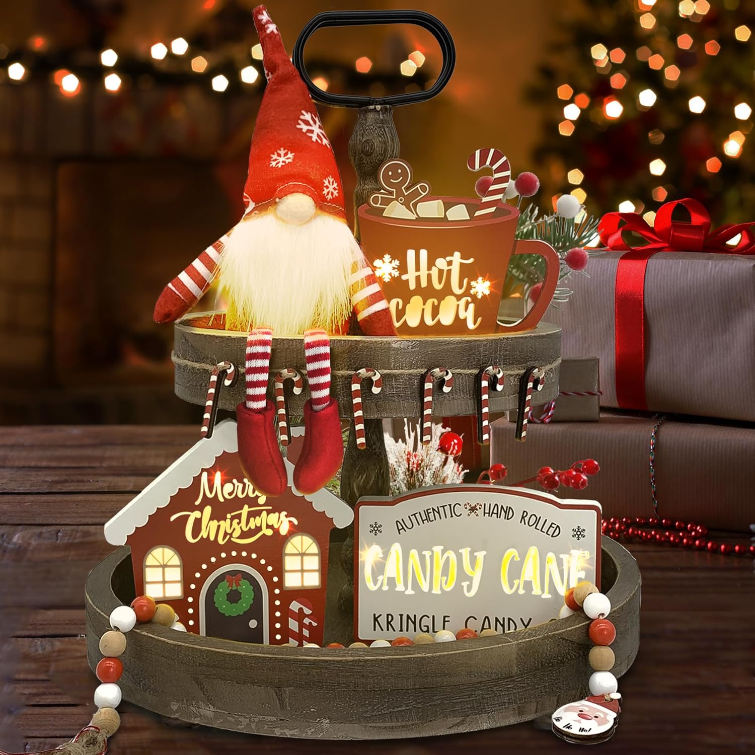 Wreaths, Garlands & Swags - Christmas LED Tiered Tray Decorations 6 PCS for Home Indoor Table, Christmas Light Up Candy Cane Decorations - 3 Xmas Wooden Signs & Christmas Plush Gnome & Wood Beads Garland & Mini Banner