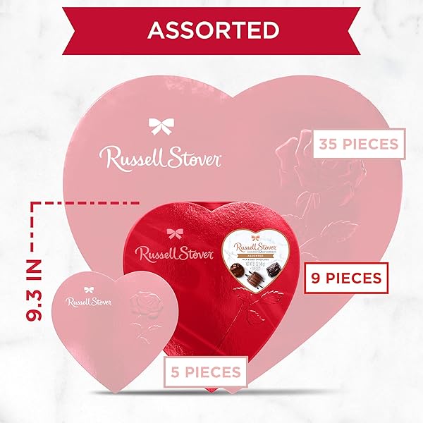 RUSSELL STOVER VALENTINE’S DAY RED FOIL HEART ASSORTED MILK & DARK CHOCOLATE GIFT BOX, 5.1 OZ. (9 PIECES)