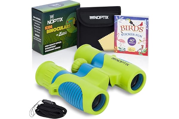 Kids Binoculars girls or boys Real Binoculars in Green Blue - Binoculars for Toddlers up to Kids age 14 - includes sticker book with 40 Bird Species