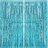 CANREVEL 2 Pack 3.3x8.2 Feet Light Blue Foil Fringe Backdrop Curtains, Tinsel Streamers Birthday Party Decorations, Fringe Backdrop for Birthday Baby Shower Mermaid Under The Sea Ocean Frozen Party