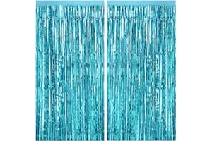 CANREVEL 2 Pack 3.3x8.2 Feet Light Blue Foil Fringe Backdrop Curtains, Tinsel Streamers Birthday Party Decorations, Fringe Backdrop for Birthday Baby Shower Mermaid Under The Sea Ocean Frozen Party