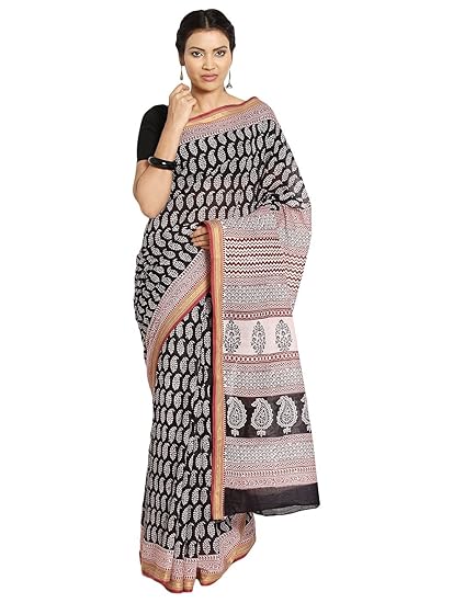 Finest Quality Cotton - Handmade Light Pink base Saree and Maroon, Black Booti, Zari Border- Bagh Block Print Saree with Blouse Piece