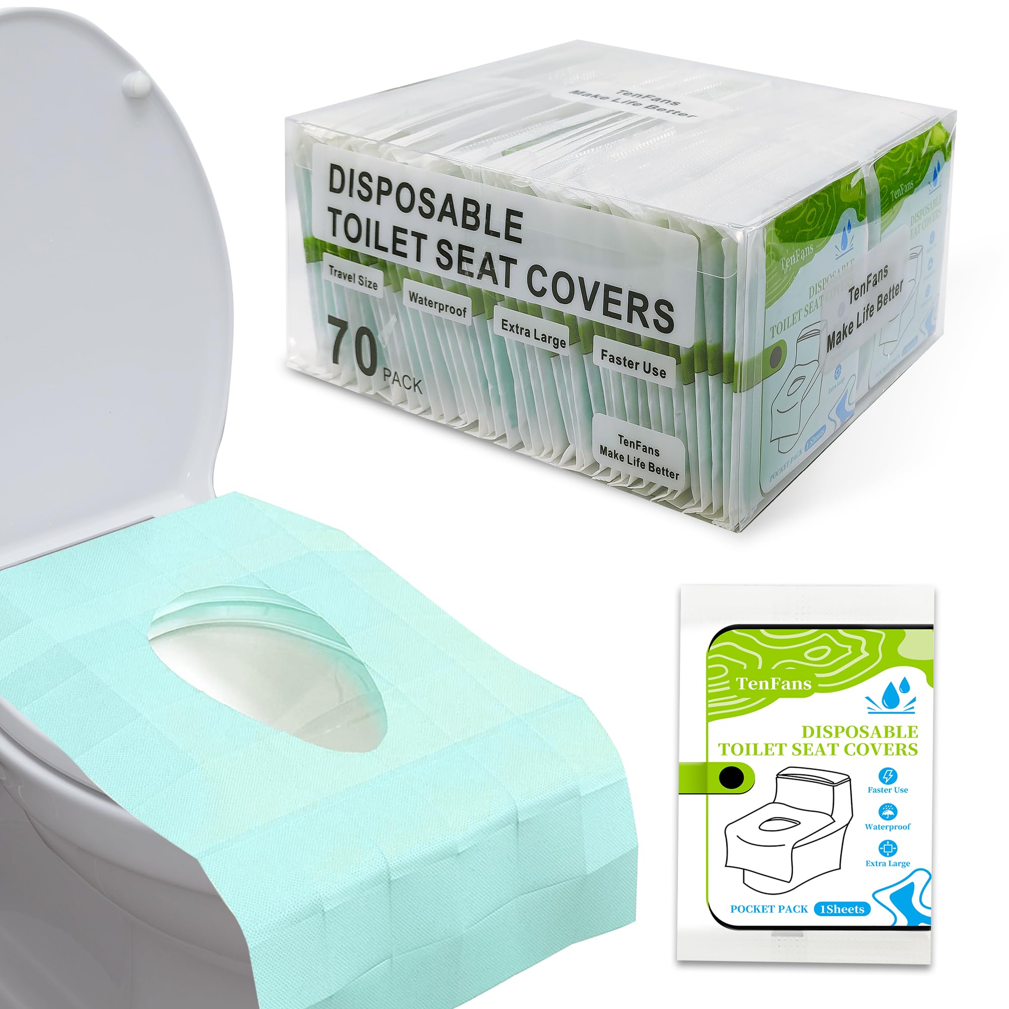 Photo 1 of ??TenFan Disposable Toilet Seat Covers - 70-Pack Waterproof XL Travel Pack, Adhesive Secure Fit for Public Toilets, Camping, Airport & Hospital (Adults & Kids)??