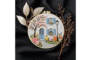 Country cottage with Flowers Embroidery Kits,Adults DIY Handmade Hand Embroidery Starter Kits with Stamped Embroidery Pattern
