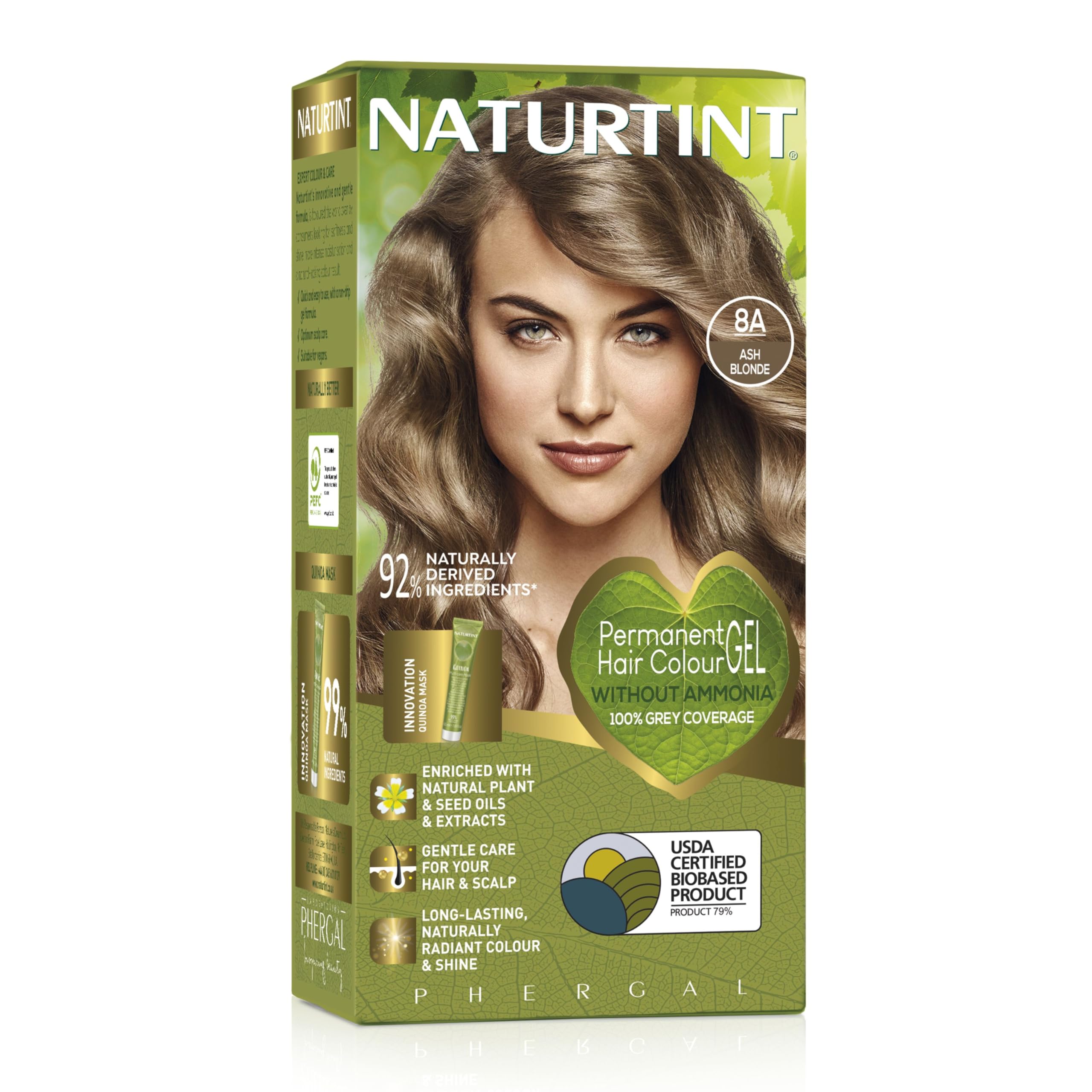 Naturtint Permanent Hair Colour Gel 8A Ash Blonde, Plant Enriched, Biobased, Ammonia Free, Long Lasting Grey Coverage and Radiant Colour, Nourishment and Protection