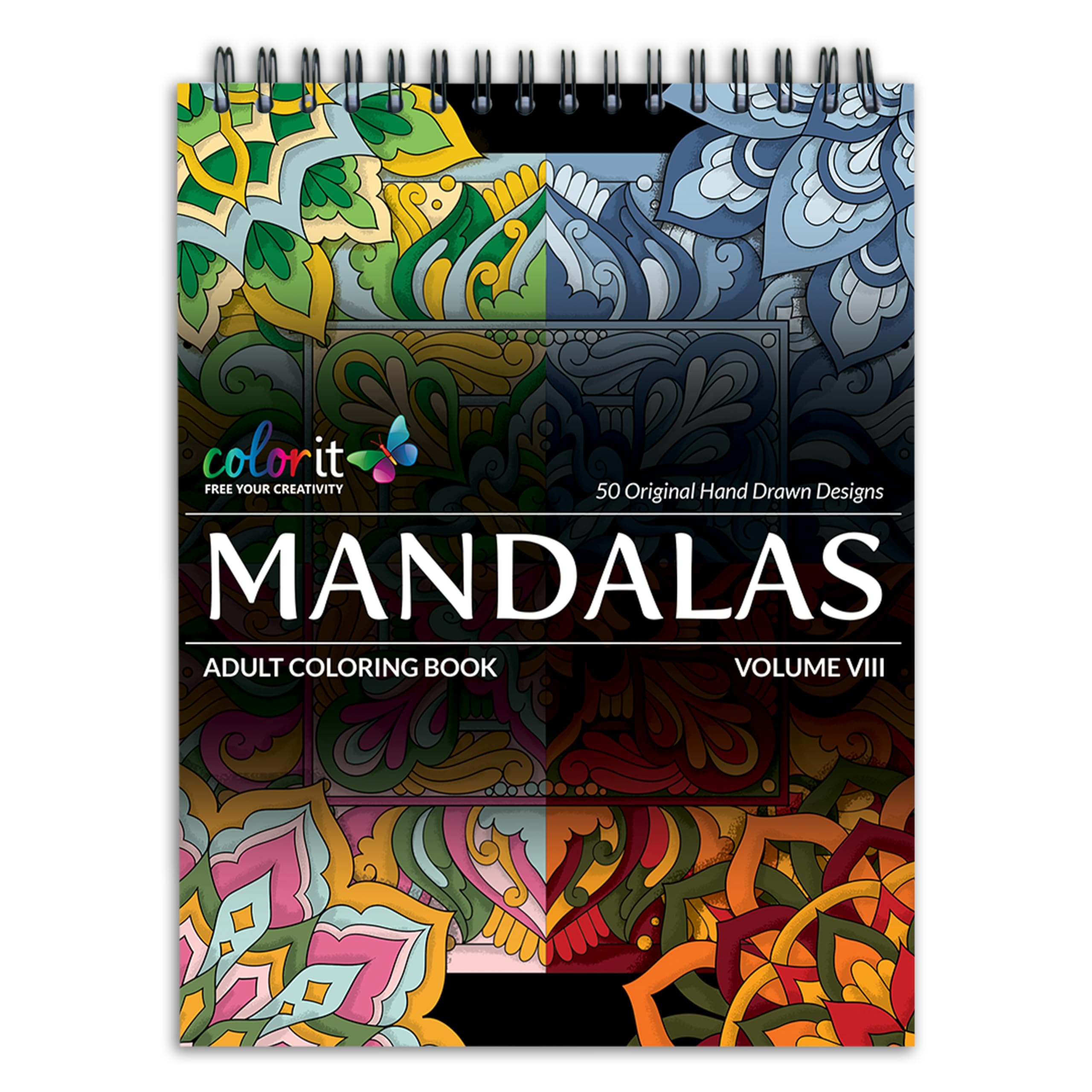ColorIt Mandalas to Color, Volume VIII Adult Coloring Book 50 Floral and Geometric Mandala Patterns and Designs, Spiral Binding, USA Printed, Lay Flat Hardback Book Cover, Ink Blotter