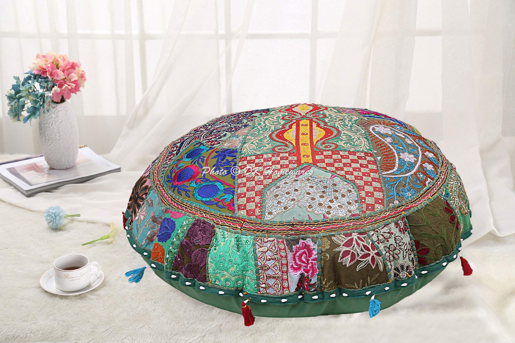 DK Homewares Indian Ethnic Dark Green Floor Pillow Indian Cushion Cover 22 X 22 Inches Patchwork Living Room Decoration Vintage Cotton Embroidered 55 Cm
