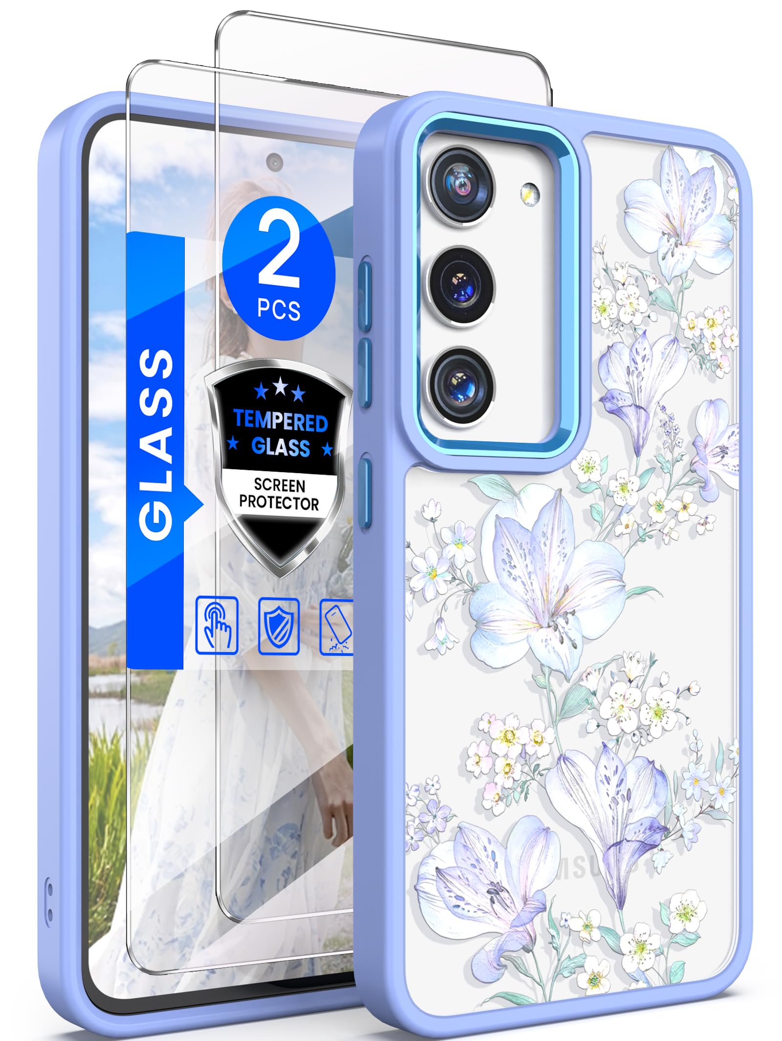 Dretal for Samsung Galaxy S23 Case Floral,Military Grade Drop Tested Hard Back & Soft Edge Slim Flower Women Girls Phone Protective Cover+Tempered Glass Screen Protector for Galaxy S23(Light Purple)