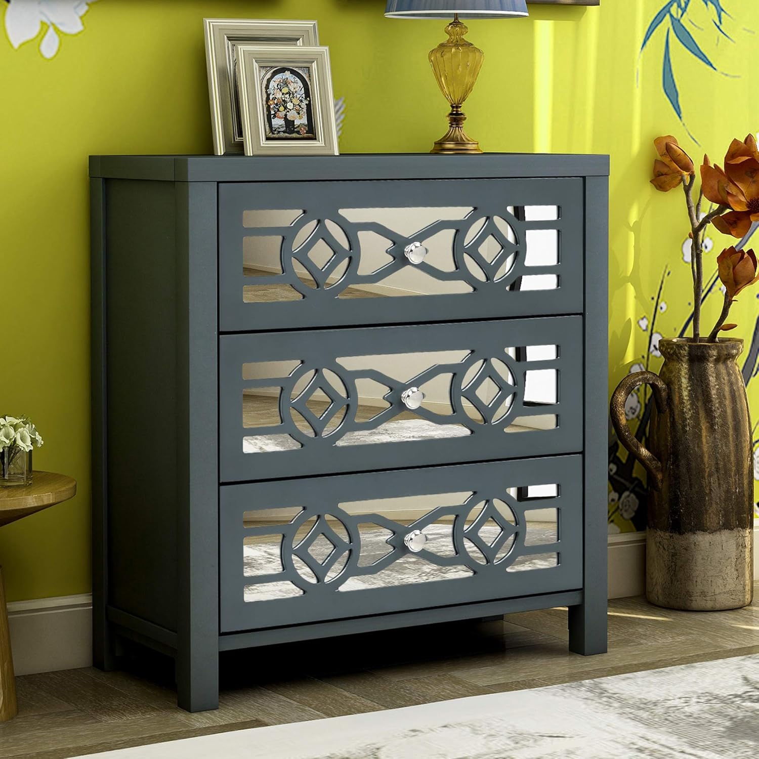 Amazon Com Nightstand Wood Storage Cabinet Storage Unit With 3 Drawers And Decorative Mirror Antique Navy Furniture Decor