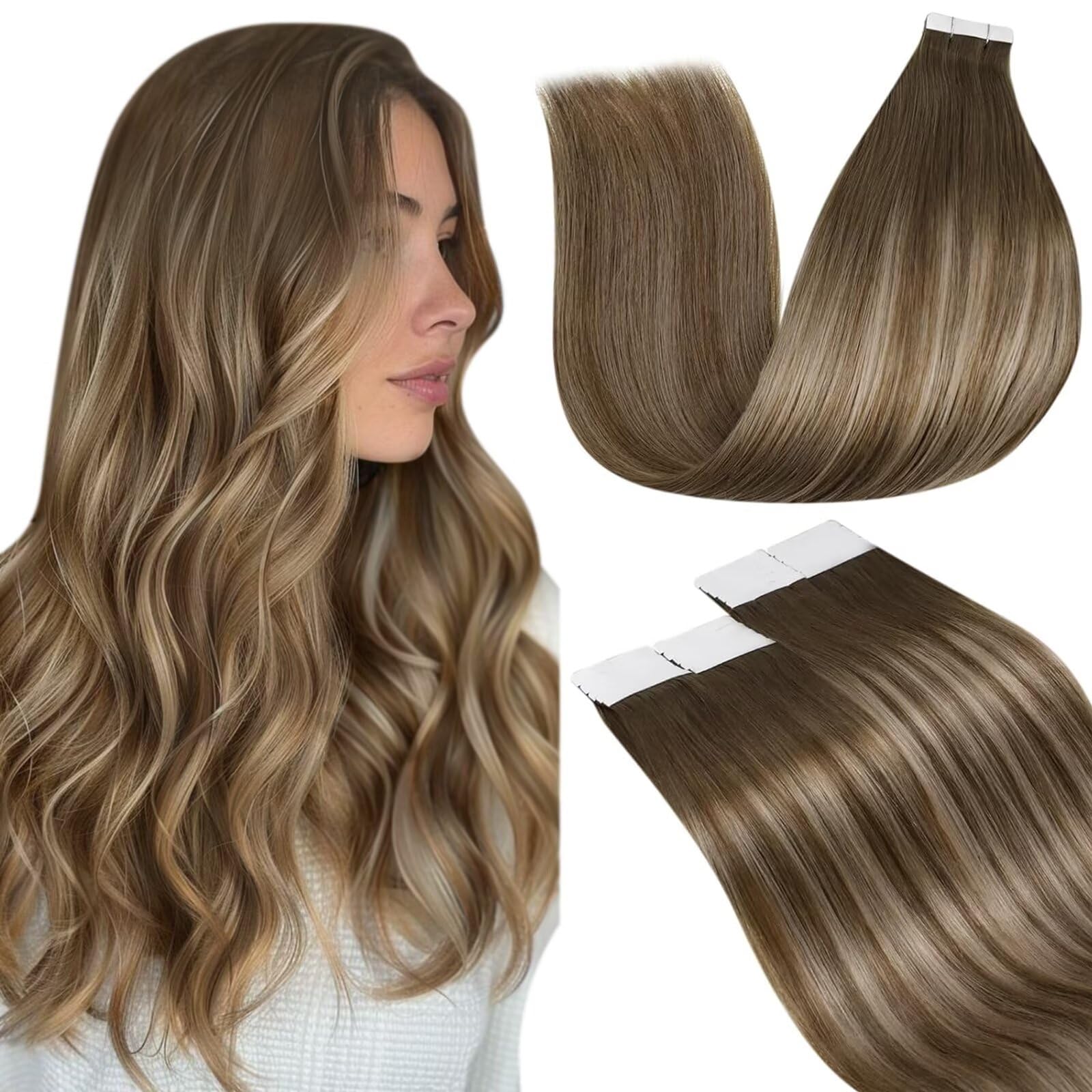 LaaVoo Tape in Hair Extensions Human Hair 50g Tape Hair Extensions Real Human Hair 20 Inch Invisible Tapes Remy Straight Balayage Light Brown to Blonde Hair Double Sided Tabs 20pcs #8/16/8 — image 1