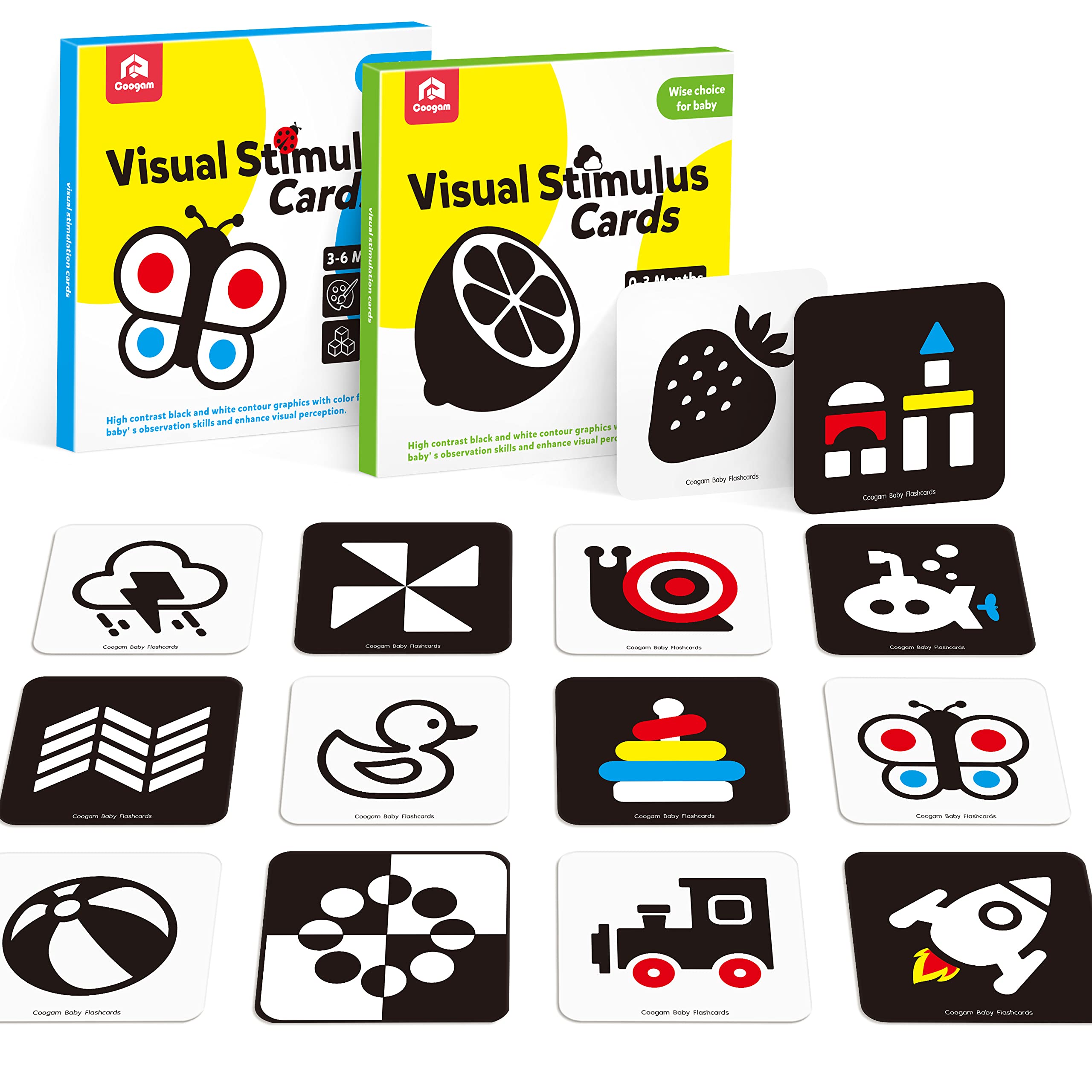 Coogam High Contrast Flashcards for Baby, 50 Pcs Black and White Visual Stimulation Cards 0-6 Months Educational Activities Card for Newborn Brain Development Infants Toddlers Toys Gift