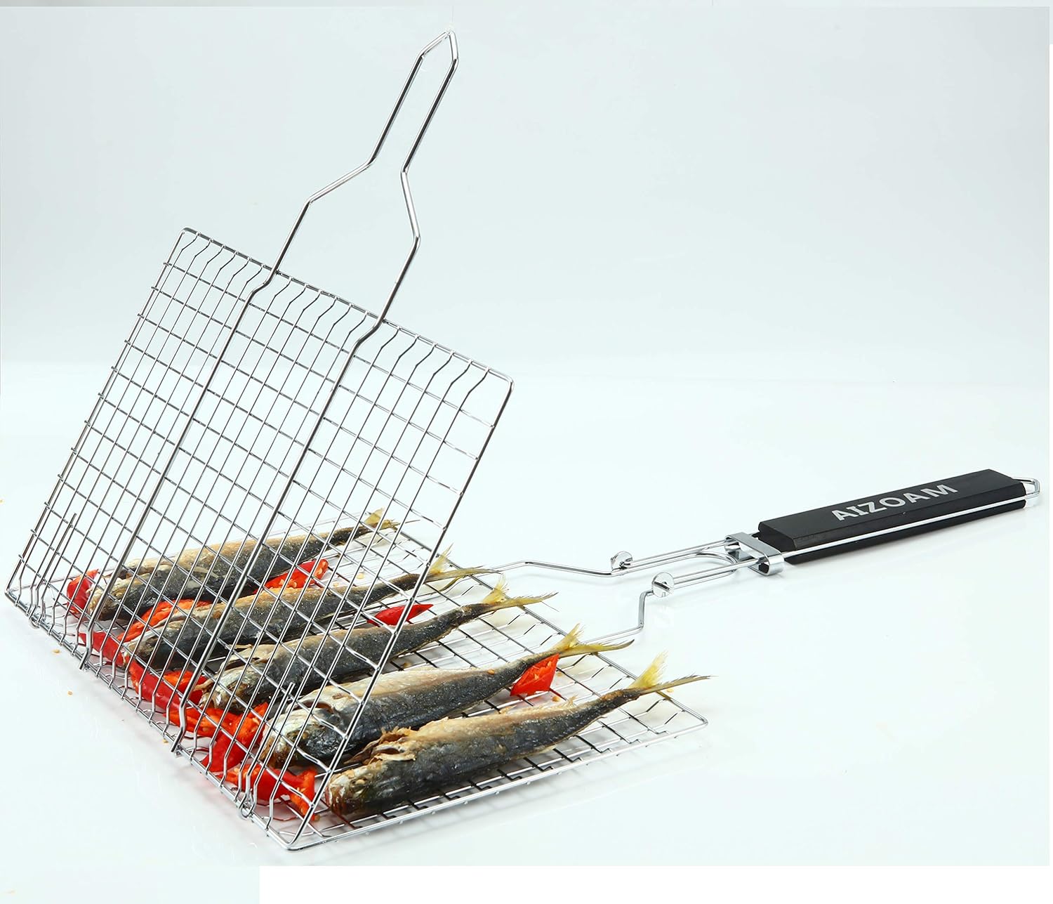 AIZOAM Portable Stainless Steel BBQ Barbecue Grilling Basket for Fish, Vegetables, Shrimp, and Small Flat Sea Food .Great Useful BBQ Tool.-【Bonus Additional Sauce Brush and 50 Natural Bamboo Skewers 】 : Garden & Outdoor