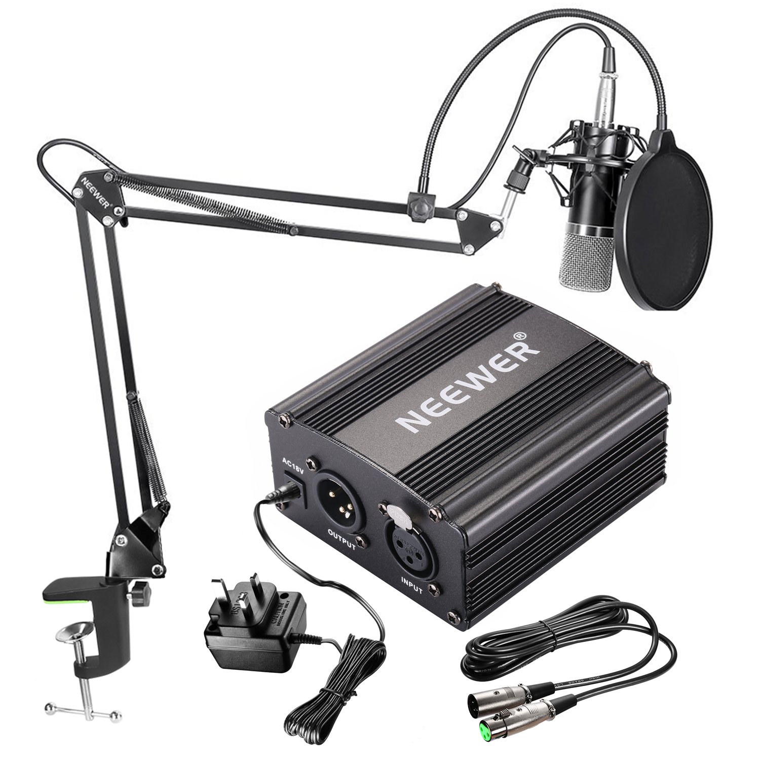Neewer NW-700 Condenser Microphone Kit - Black Mic, Black 48V Phantom Power Supply,NW-35 Boom Scissor Arm Stand with Shock Mount and Pop Filter,XLR Male to Female Cable for Home Studio Recording