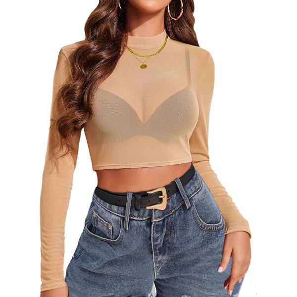 Remidoo Women's Bell Sleeve Mesh Top - Floral Print See Through Crop Tee - View #13