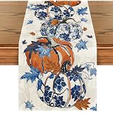Artoid Mode 210 GSM Fall Table Runner Home Party Decor 13x72 Inch | Pumpkins Maple Leaf Blue and White Porcelain, Seasonal Kitchen Dining Table Decoration