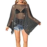 Womens Sparkly Sheer Poncho Top Glitter Mesh See Through Poncho Shawl Batwing Sleeve Asymmetrical Cape Tops Party Club Outfit