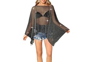 FEMLE Womens Sparkly Sheer Poncho Top Glitter Mesh See Through Poncho Shawl Batwing Sleeve Asymmetrical Cape Tops Party Club Outfit