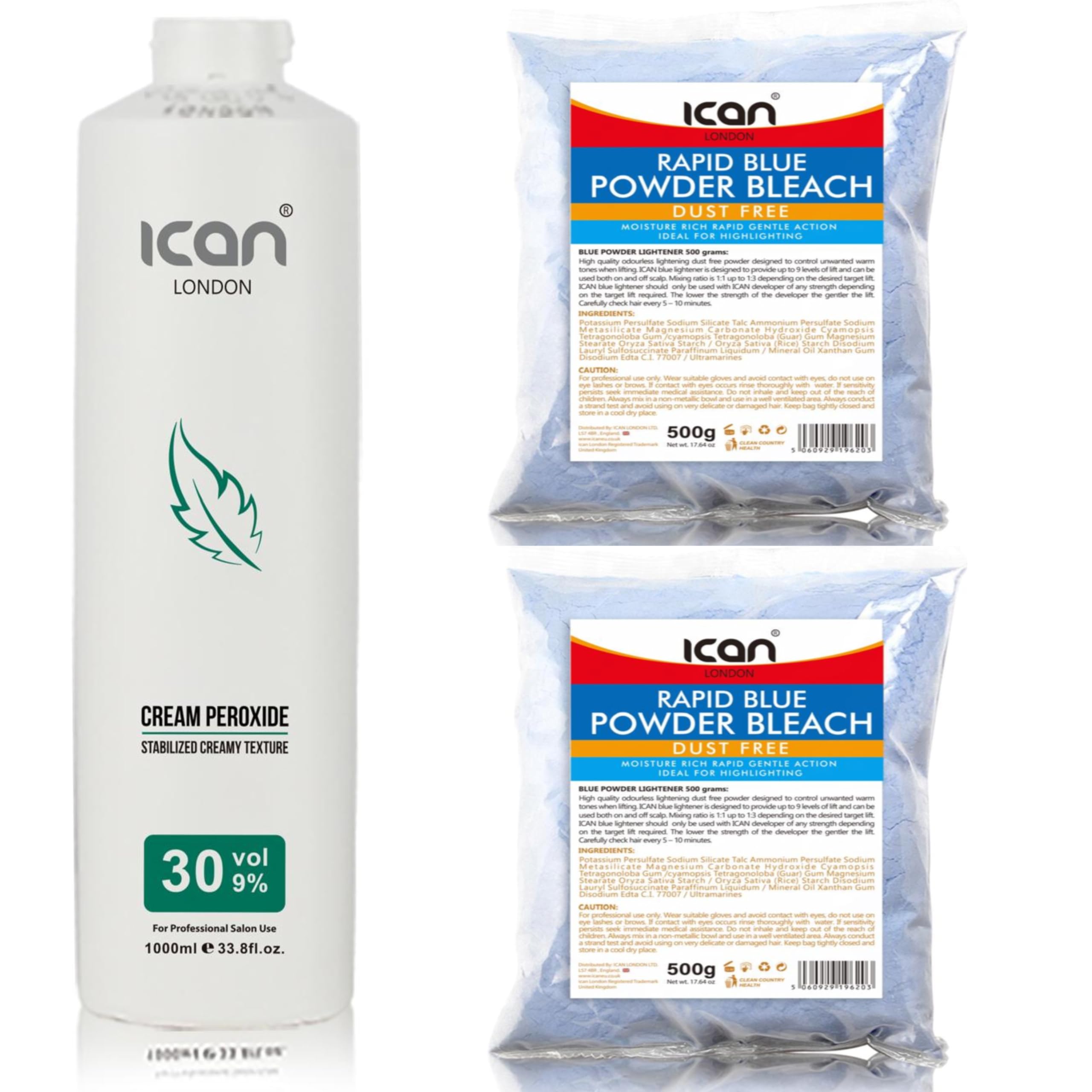 ICAN LONDON Professional Cream Peroxide, 30 Vol 9%, 1000 ml + Rapid Blue Powder Bleach, 2 x 500 g (1 kg) Combo Set