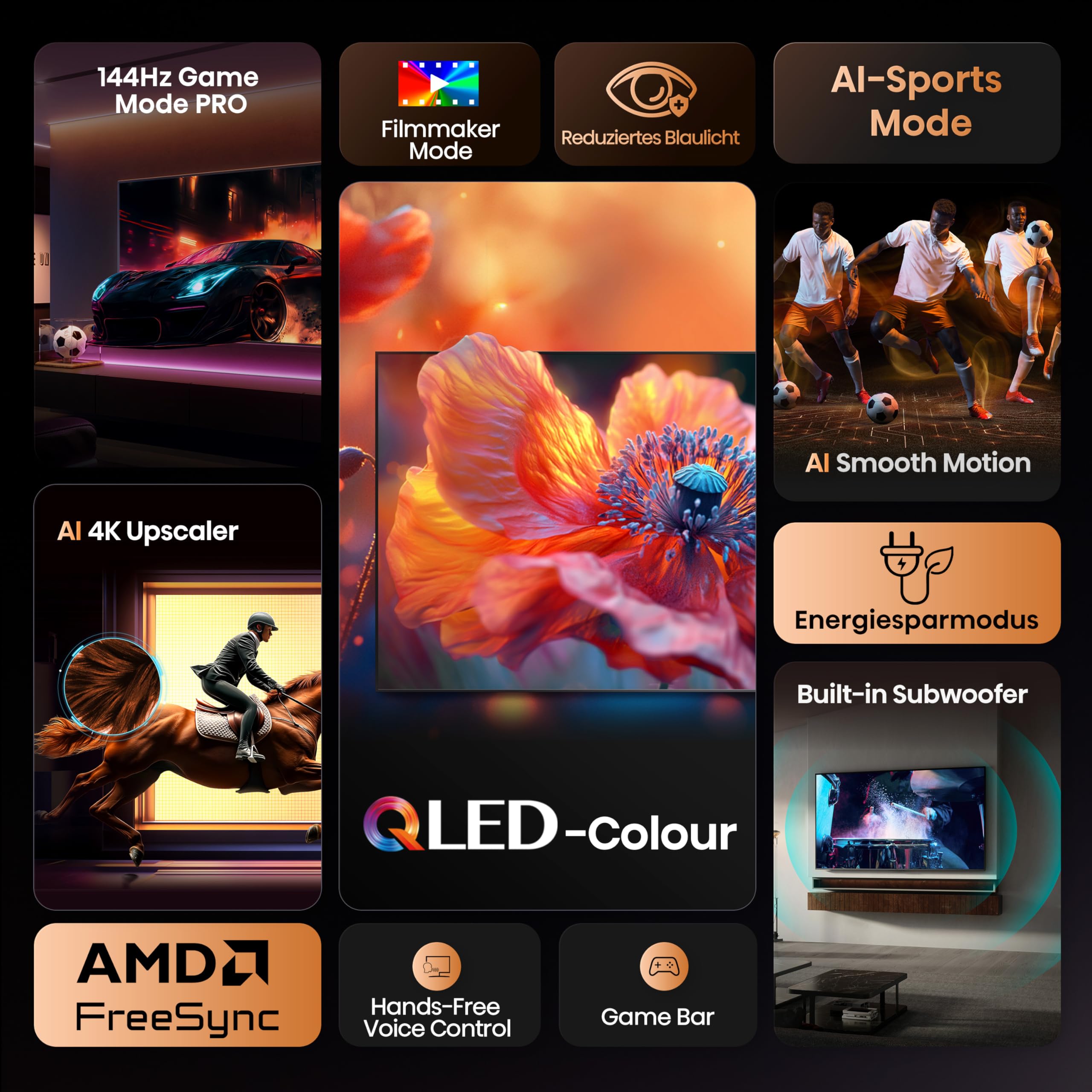 Hisense 98E7Q Fernseher, 98 Zoll, 2480 Mm, 4K UHD QLED, Smart TV, 144Hz Game Mode PRO, AI 4K Upscaler, Smoothmotion, Lichtsensor, Colour, Dolby Vision Atmos, Sprachsteuerung, EZPlay 3
