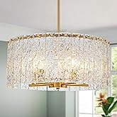 LumFurn D18in Mid-Century Modern Drum Chandelier, 5-Light Light Fixture for Dining Room, Living Room, Bedroom, D18x H17~47inch (Adjustable), Handmade Glass Shade & Gold Finish Frame