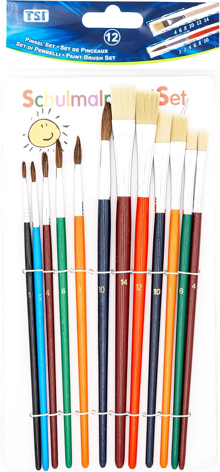 TSI 49111 Schulmalpinsel-Set 12-teilig, Haarpinsel 1,2,4,6,8,10 - Borstenpinsel 4,6,8,10,12,14, Schaft farbig lackiert