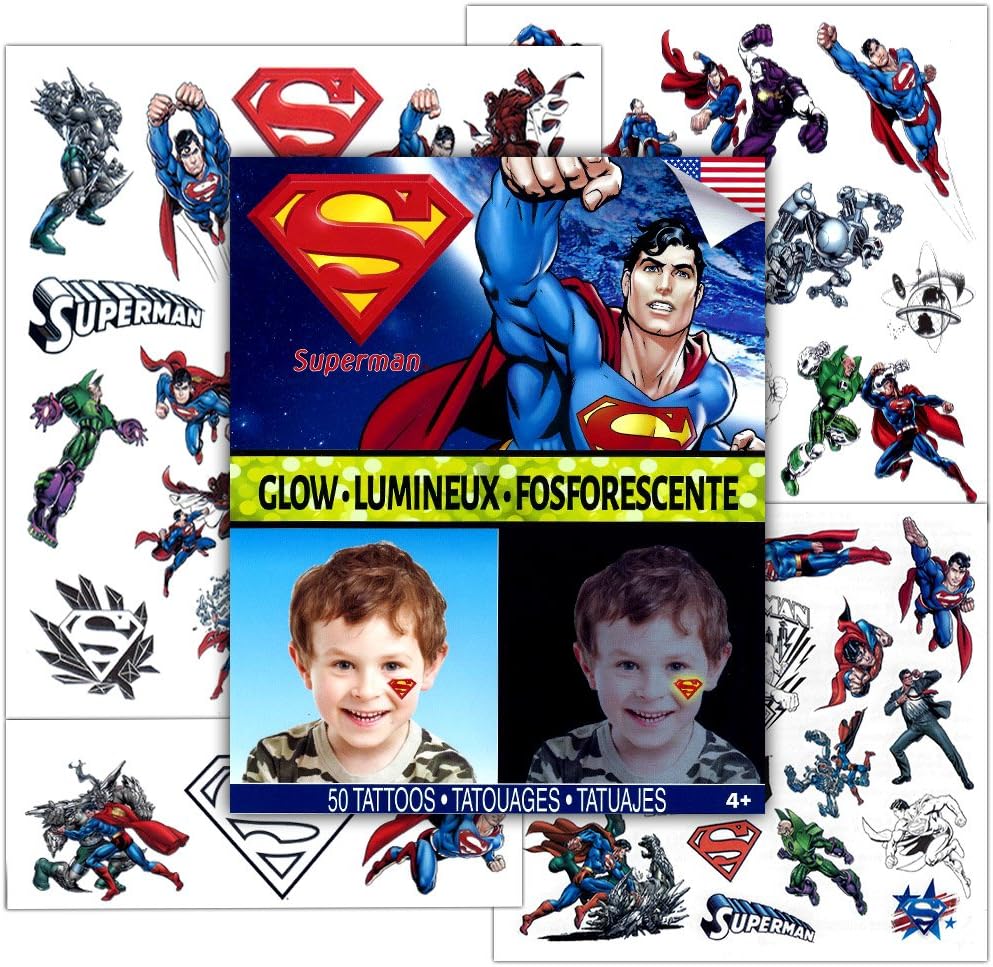 DC Comics Superman Glow in the Dark Temporary Tattoos, Party Supplies Pack (50 Tattoos)