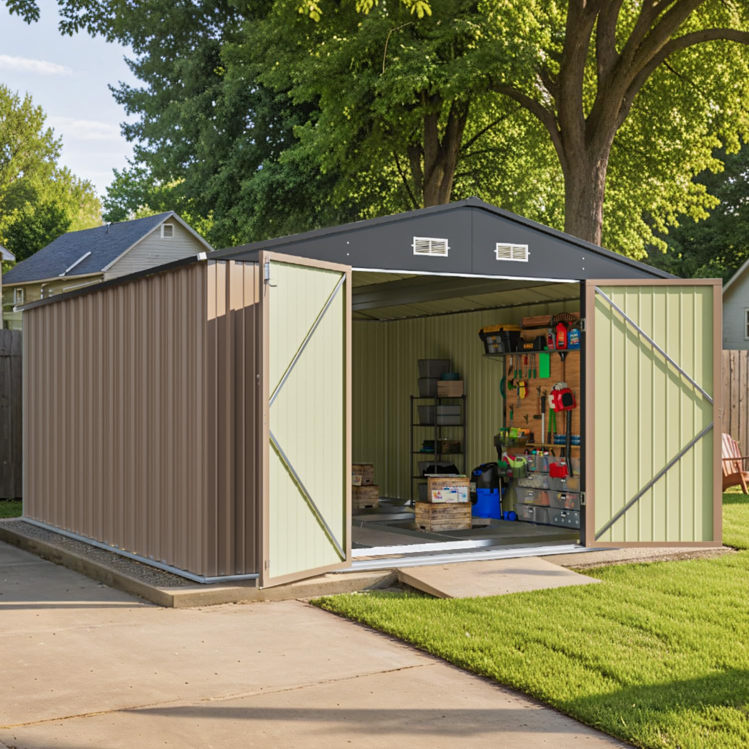 Photo 1 of Patiowell 10 x 12 FT Metal Storage Shed for Outdoor with Floor Frame, Steel Yard Shed with Design of Lockable Doors, Utility and Tool Storage for Garden, Backyard, Patio, Outside use,Brown