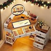 MDGC Corner Vanity Desk with Rotating Mirror and Lights，Glass Top ( White) | Makeup Vanity with Human Body Senor&amp;Charging Station,LED Vanity Table Set with 5 Drawers and Shelves for Bedroom