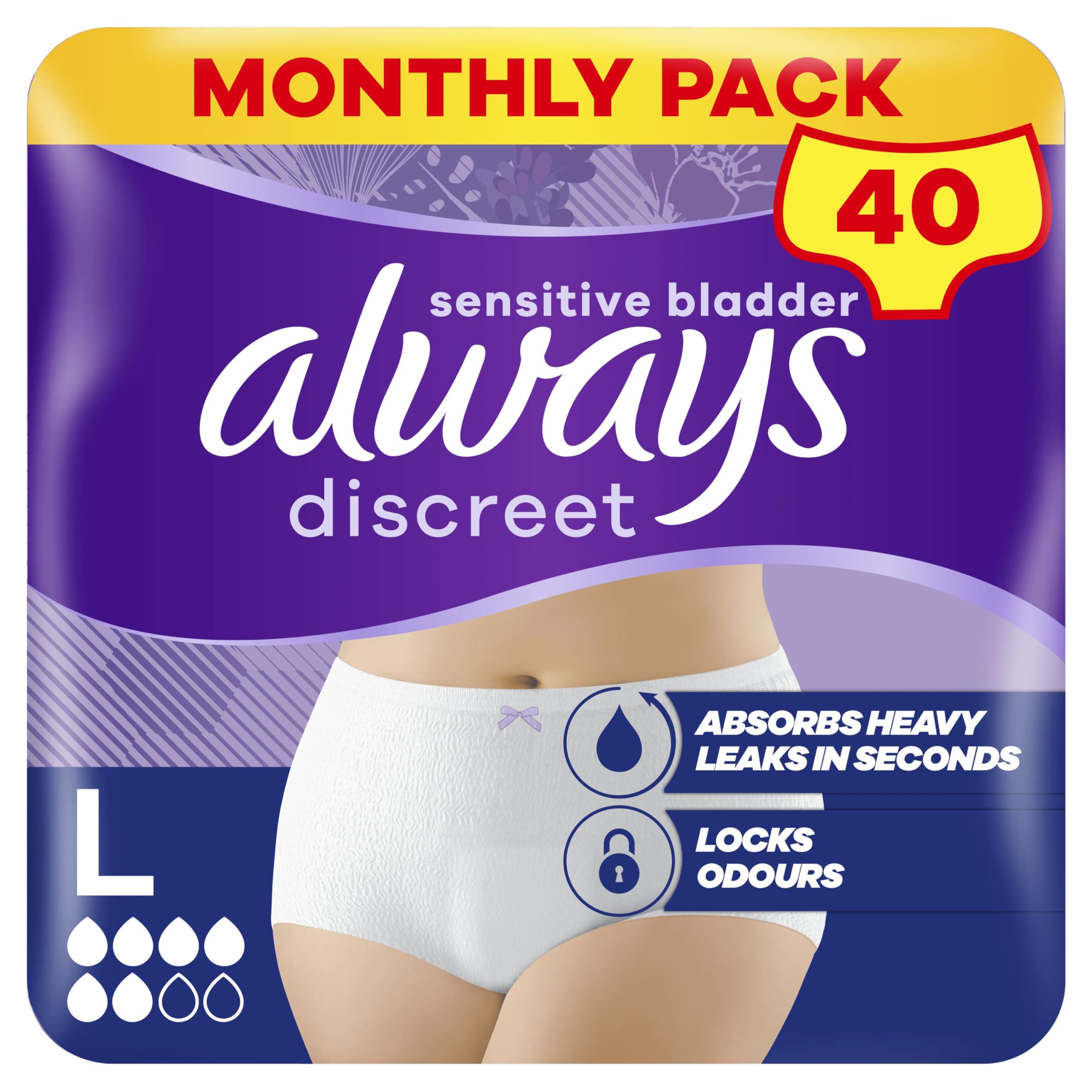 Always Discreet Incontinence Pants Women Large, UK Size 16-22, White, Absorbency 5, 40 Disposable Underwear , Knickers (10 x 4 Packs), Heavy Bladder Leak Protection , Maternity Postpartum Pants
