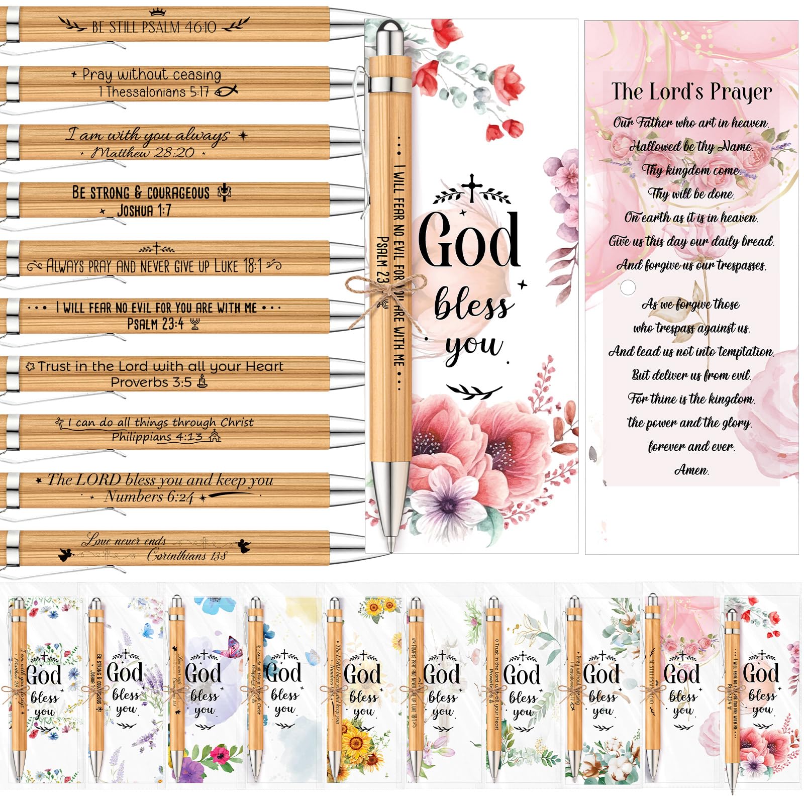 Photo 1 of 50 Set Bible Verse Bamboo Pens with Prayer Bookmarks Cards Christian Gifts Bulk Religious Church Black Ink Ballpoint Pens Inspirational Scripture Cards for Women Men VBS Student Christmas(Floral)
